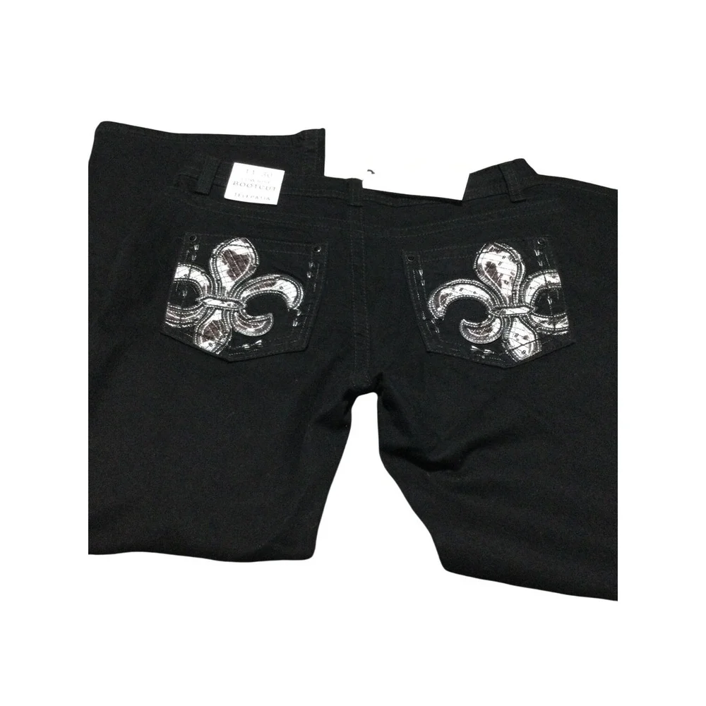 Telepatia Womens Low Rise Bootcut Jeans Black Fleur De Lis Sequin Size 11/30 NEW
